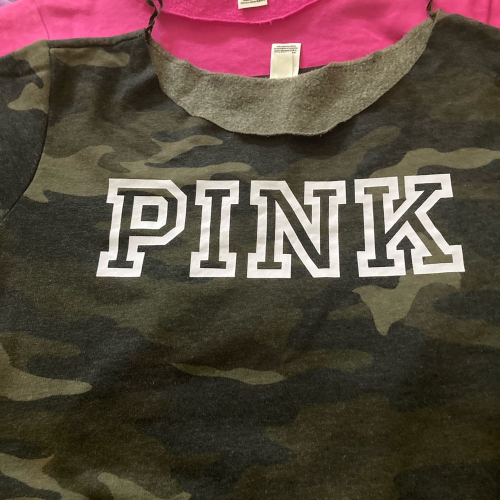 PINK camouflage fleece off the shoulder cropped sweatshirt